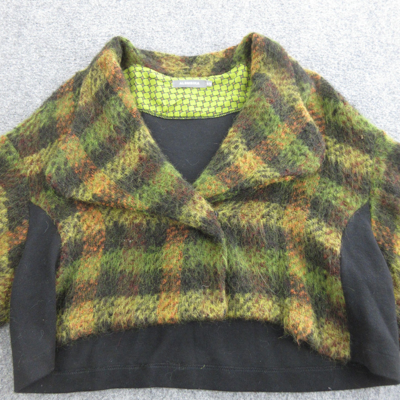 Alembika Jacket Womens S/M Green Wool Blend Plaid Cropped 3/4 Sleeve Short Boxy