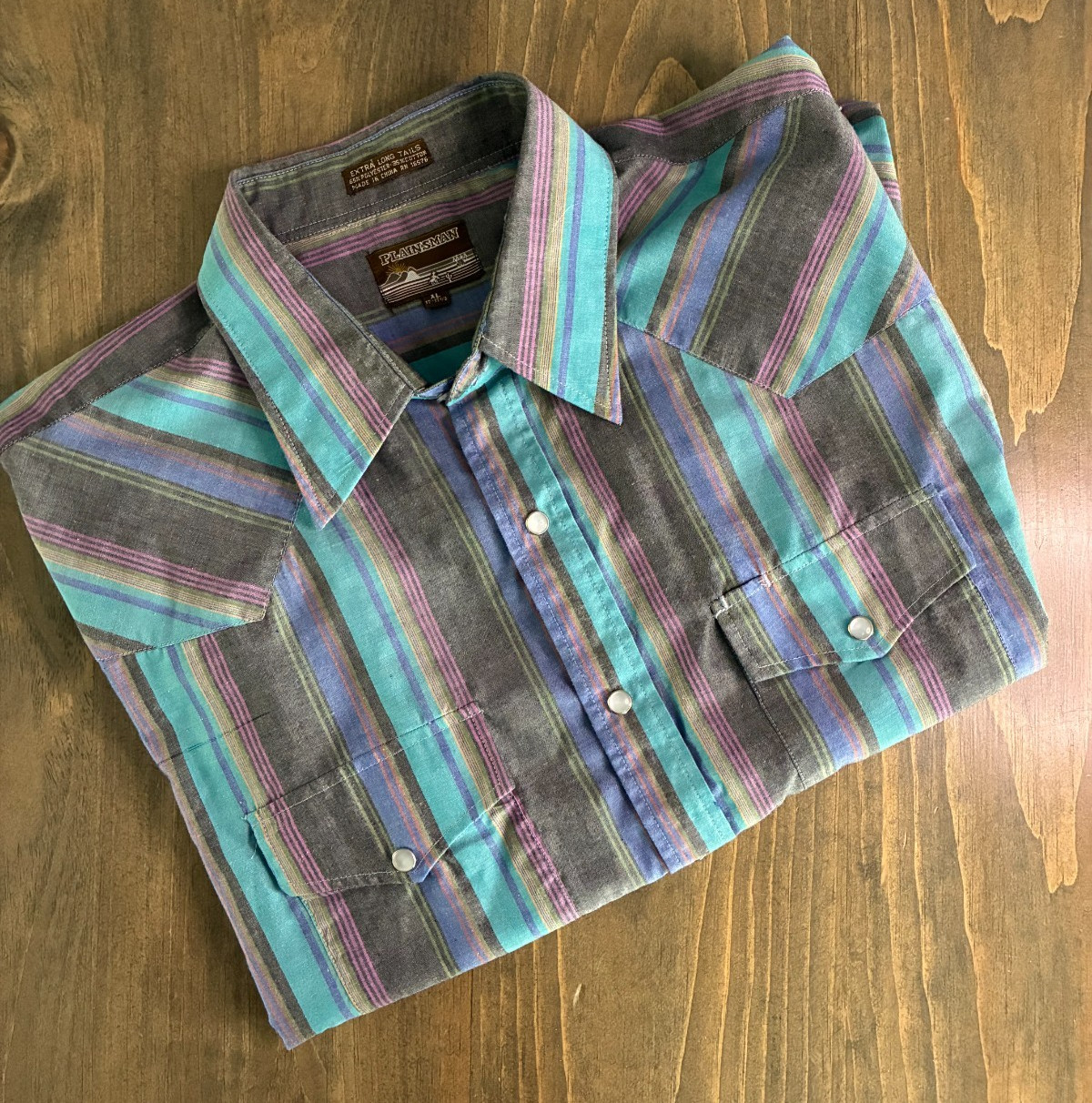 Plainsman Extra Long Tails Shirt Mens XL 17-17 1/2 Pearl Snap Stripe Western SS