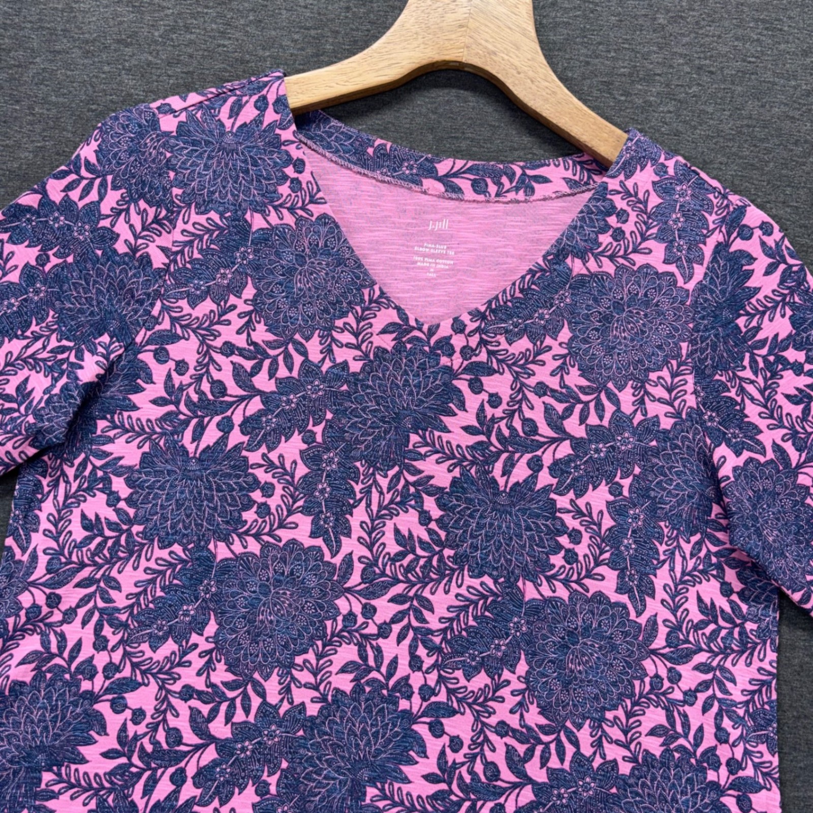 J Jill Tee Womens M Pima Slub Elbow Sleeve Floral Pink Navy Tunic Casual Top