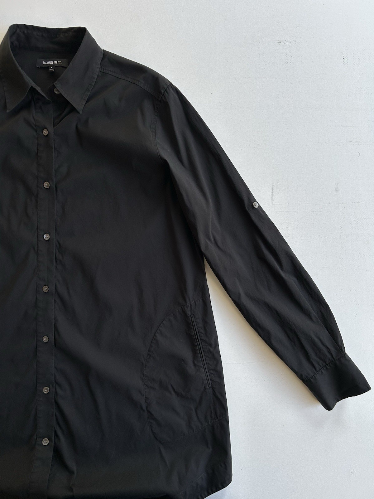 Lafayette 148 Black Poplin Midi Shirt Dress Button Down Pockets Women’s Size 8