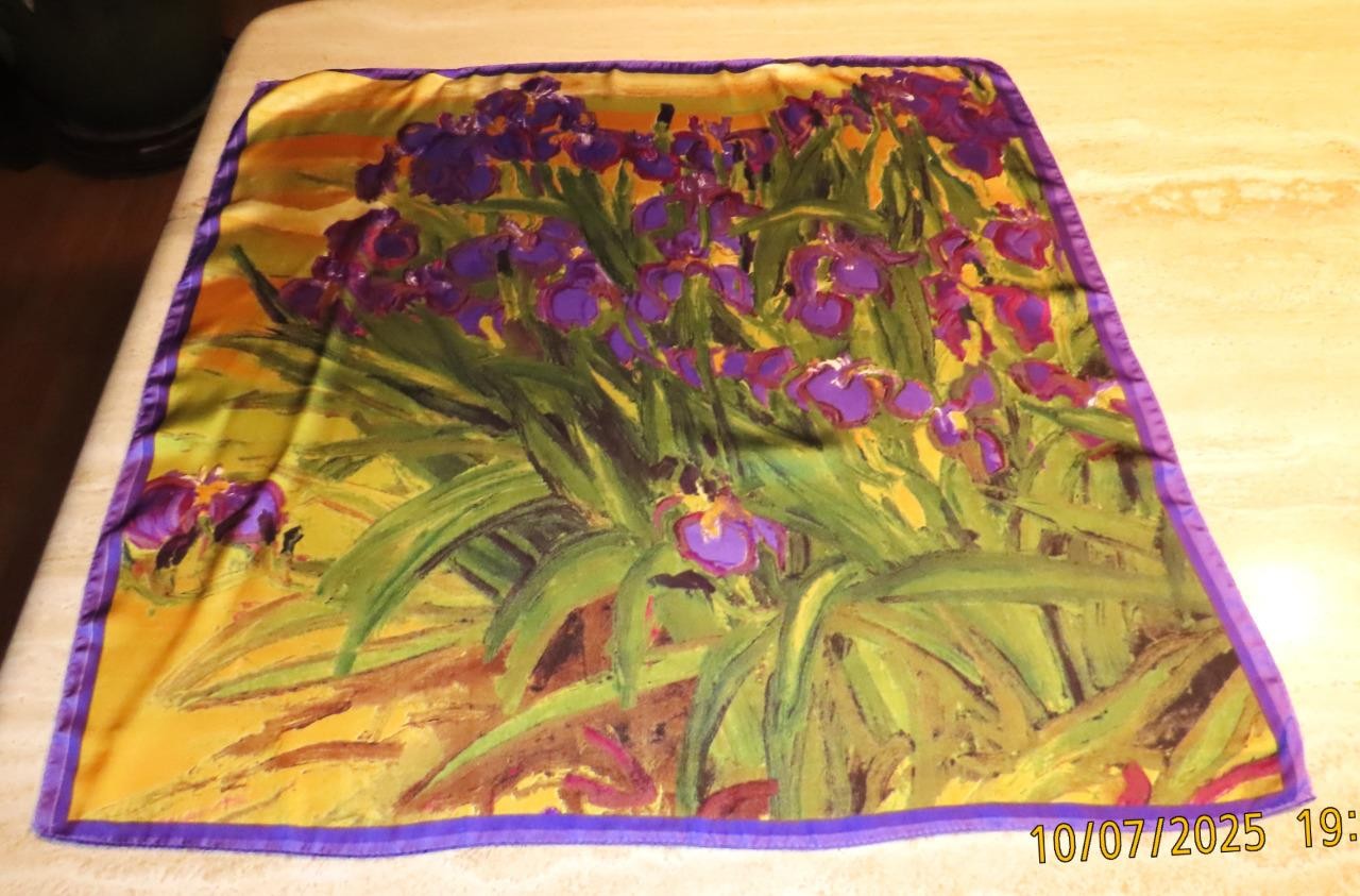 Square irises scarf; Van Gogh? purple gold brown green+ poly; NWT; 27×26.5 in.