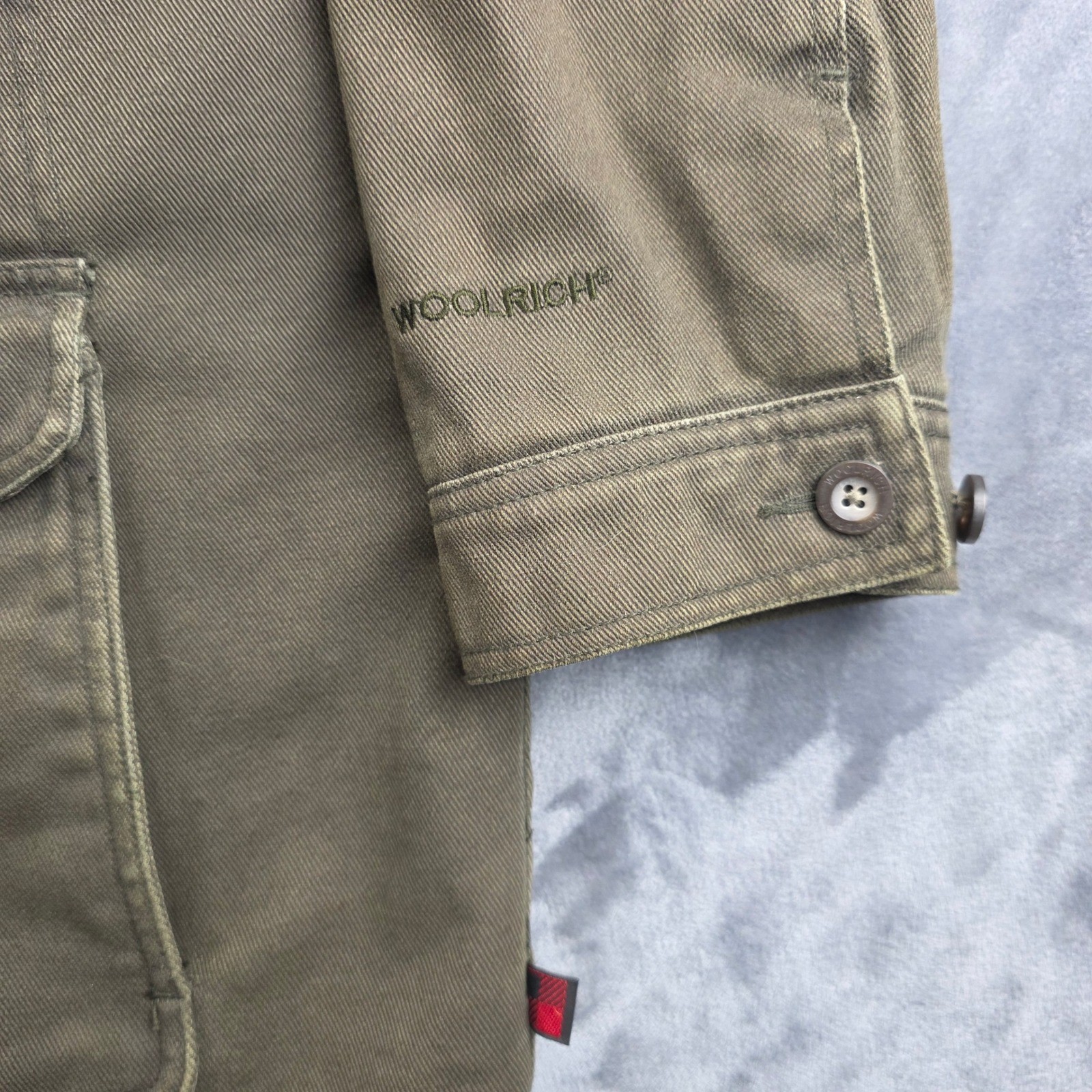 Woolrich Field Jacket Mens 2XL Olive Canvas Barn Chore Fleece Lined Leather Trim