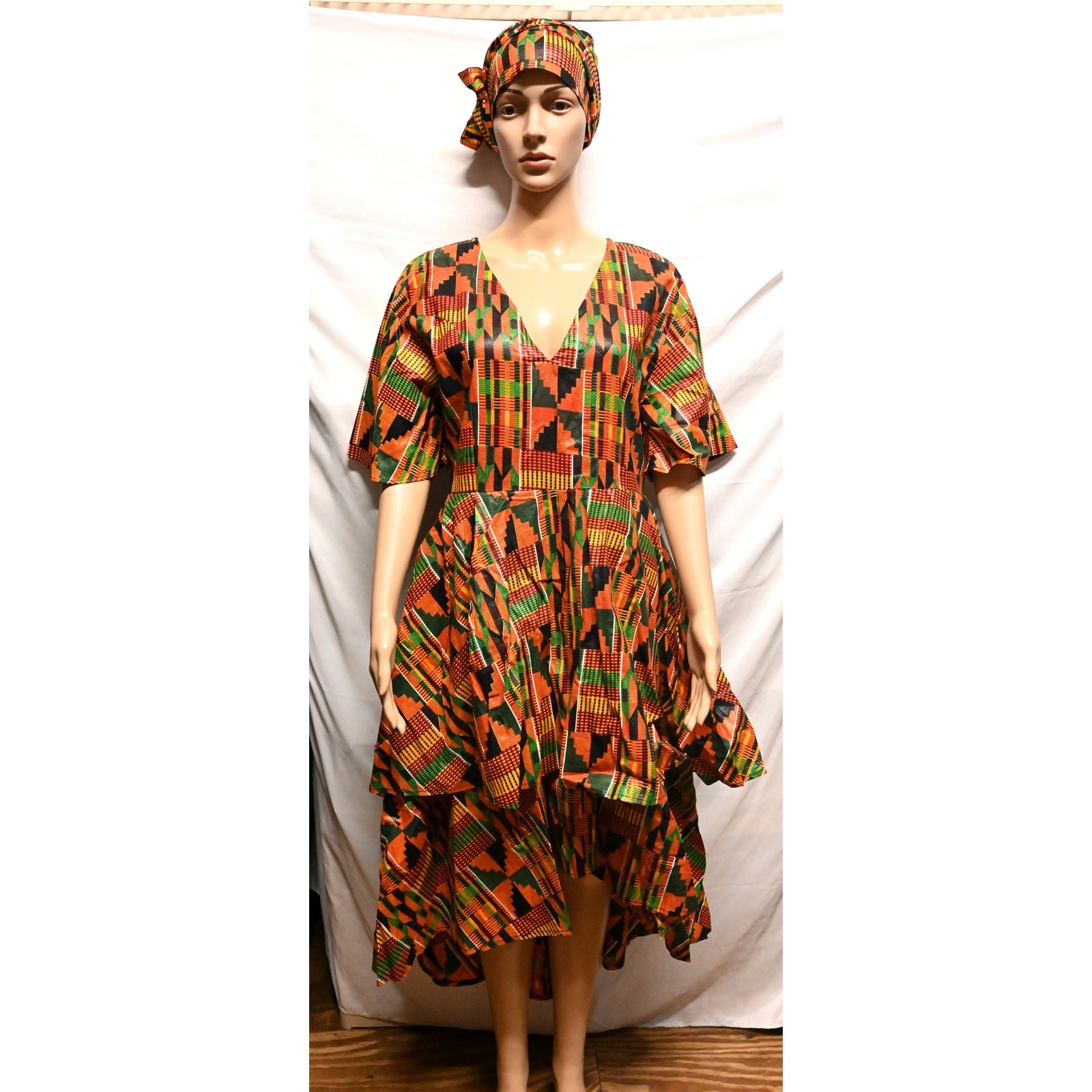 Karan African Print Ruffled Hi-Low Dress DFD75 FREE SIZE 100% Cotton NWT