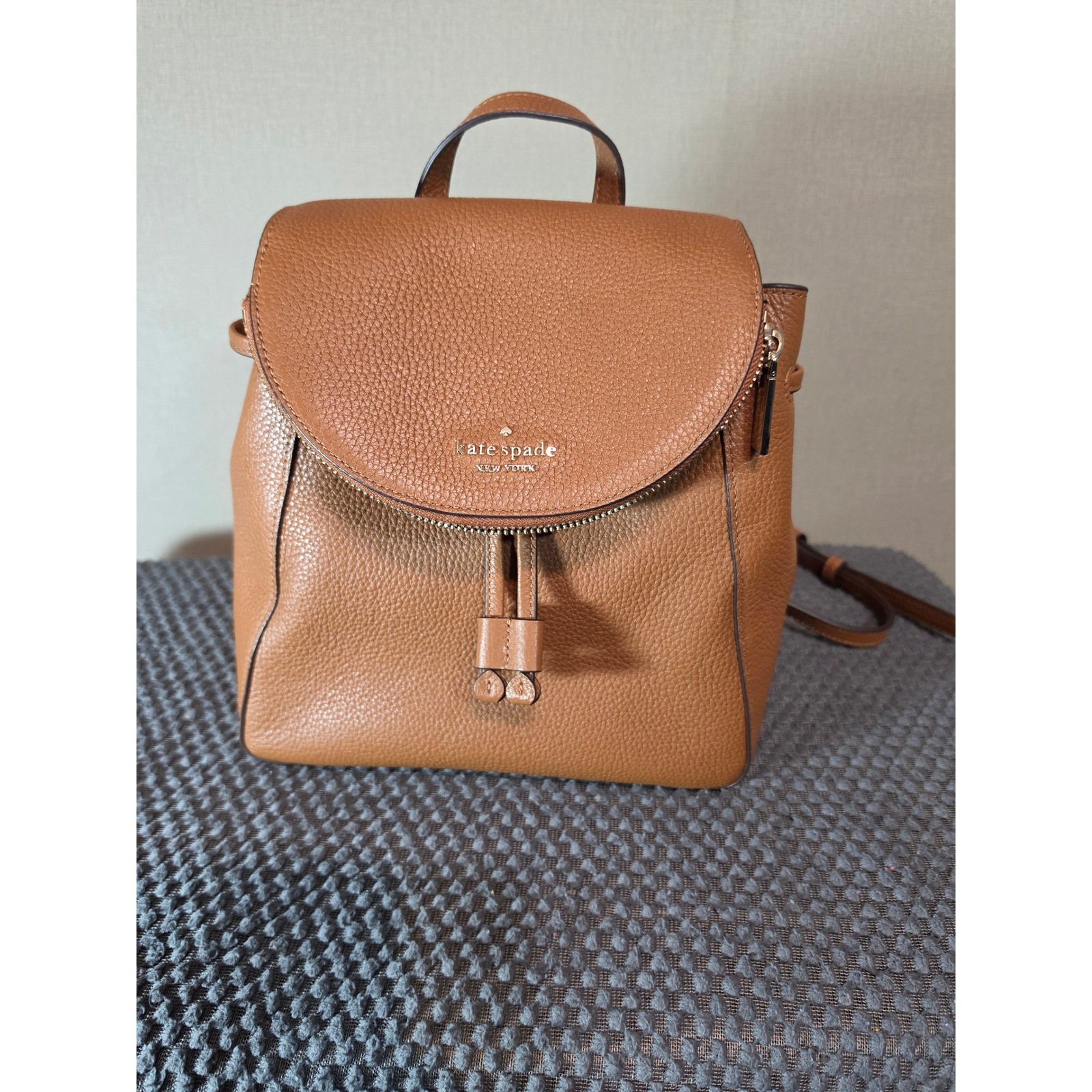 Kate Spade New York Pebbled Leather Backpack Brown Drawstring Magnetic Flap Bag