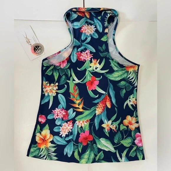 NWT GOTTEX Navy Blue Botanical Racerback Sleeveless Golf Tennis Polo Shirt L XL