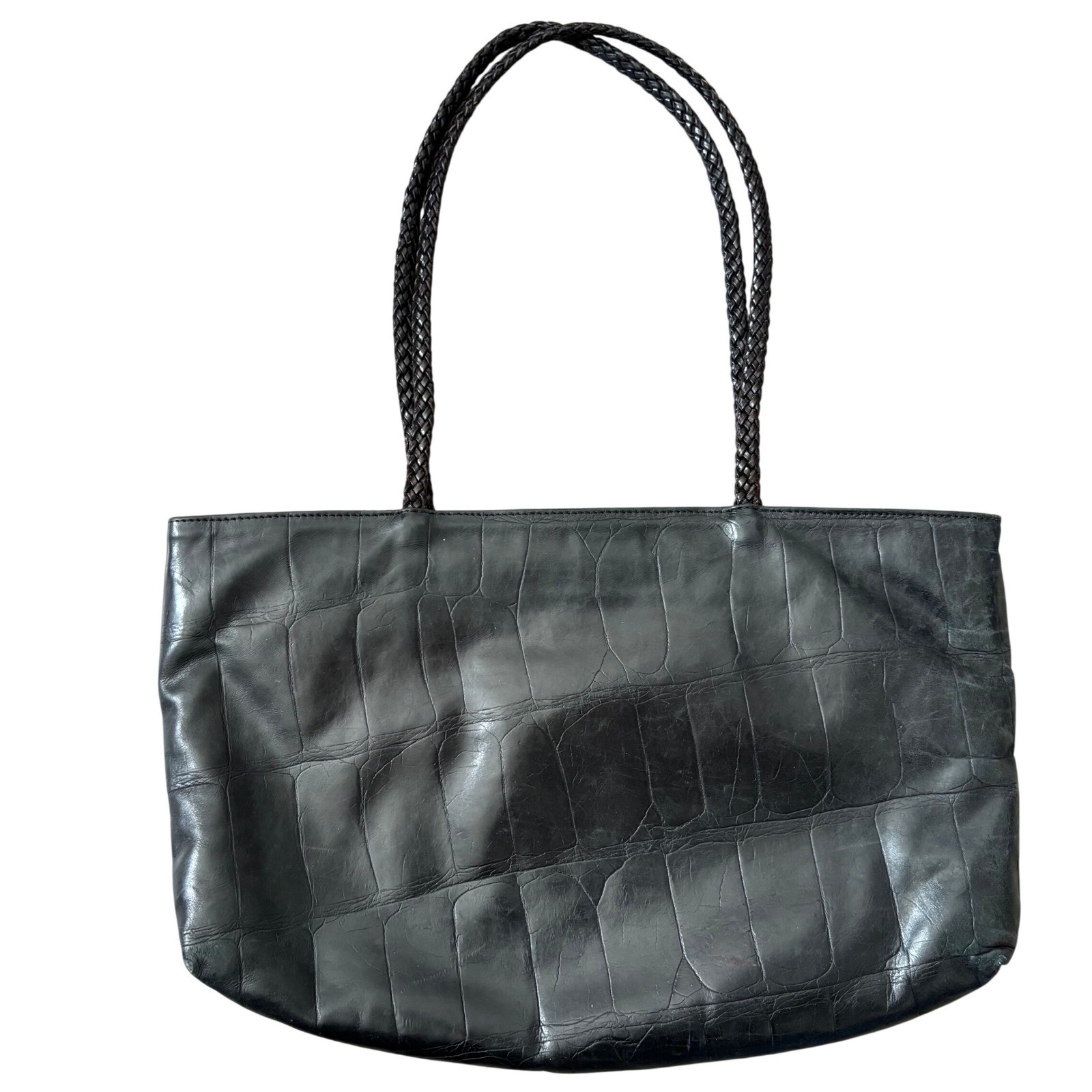 Falor Le Borse Crocodile Embossed Leather Shoulder Bag Black Made in Italy