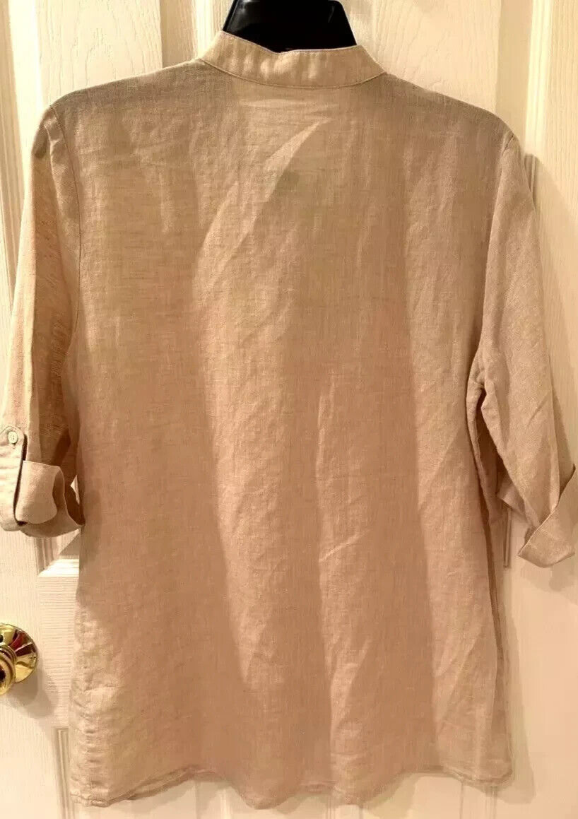 NWT $178 J.McLaughlin Riviera Linen-Blend Blouse Button Up Shirt S Tan