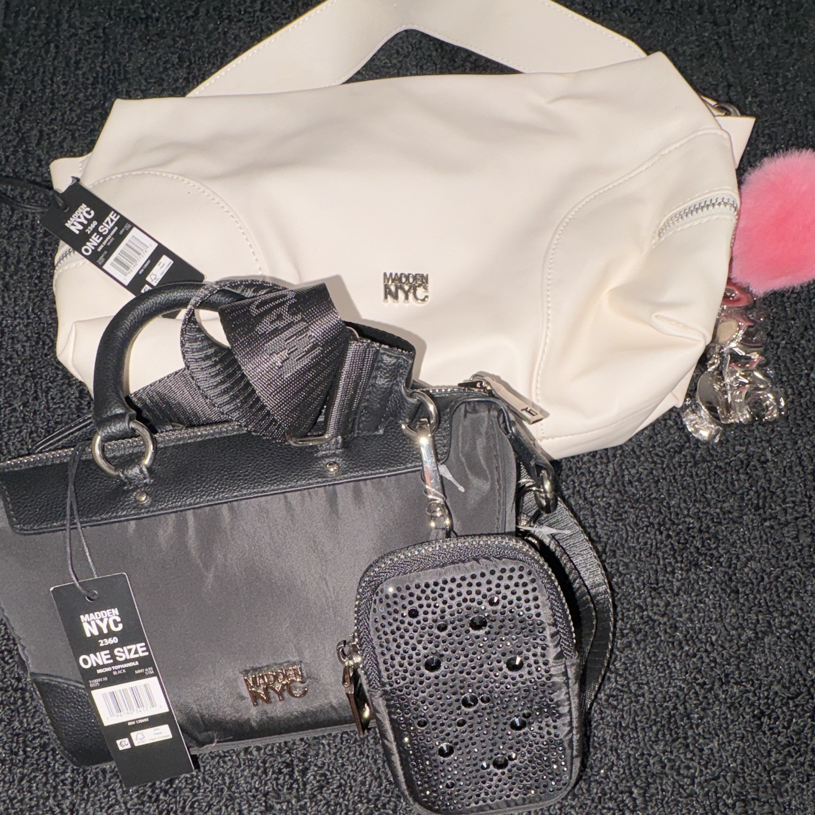 Madden NYC Black/White Satchel Top Handle Zip Crossbody Strap + Charm Pouch