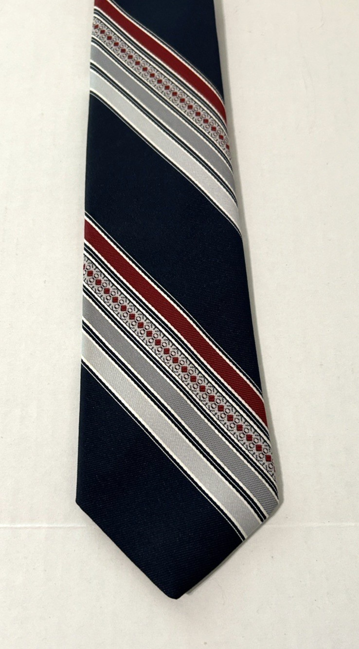 Vintage Trevira Striped Men’s Necktie – Navy Blue, Silver/Gray, Dark Red