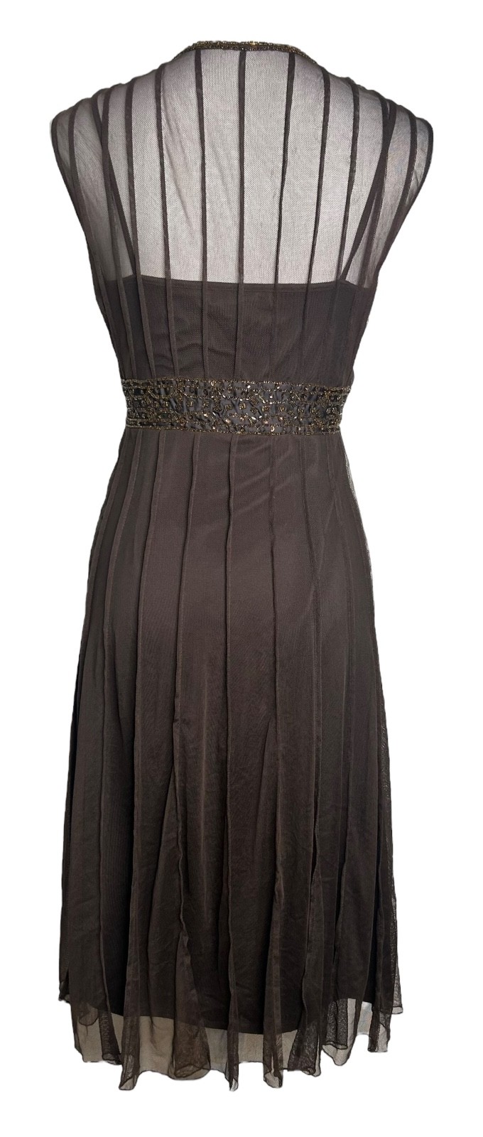 ECI Whimsigoth Dress 8 Brown Beaded Sequin Sleeveless Mesh Retro 20s Midi