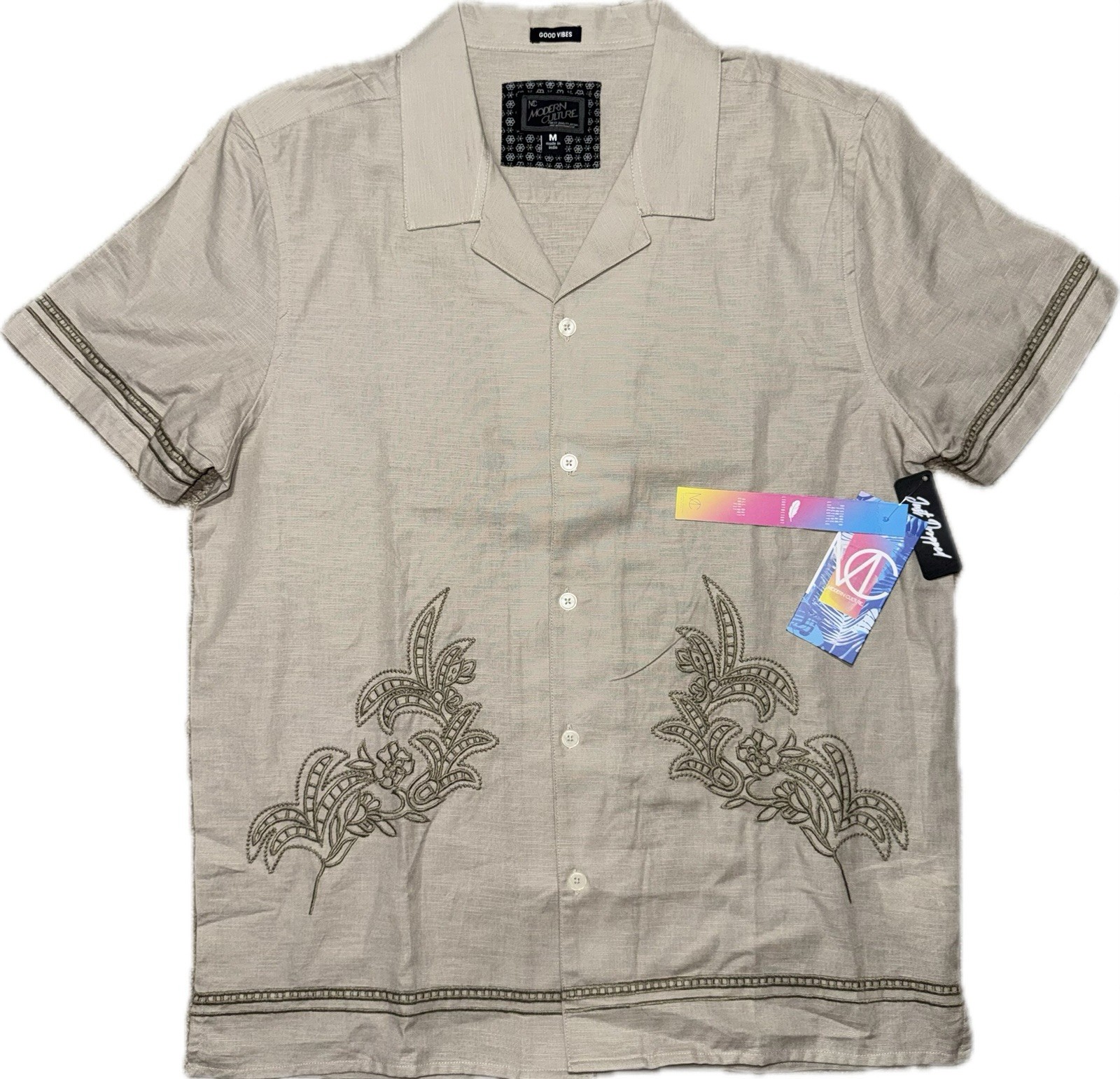 Modern Culture Men’s Taupe Floral Embroidered Cotton Shirt Sz M NWT
