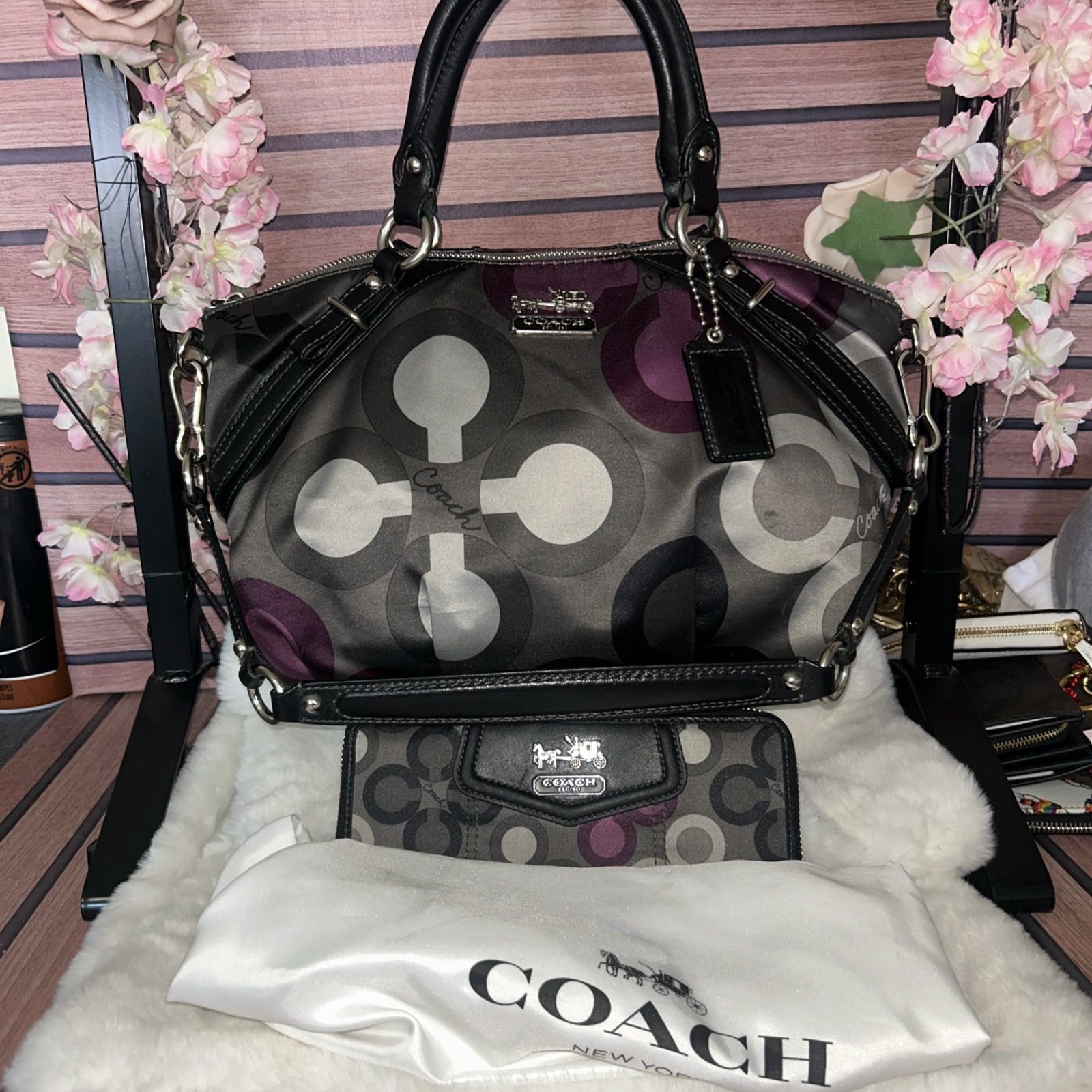 Coach Madison Sophia Clover Black Purple Gray 15926 With Wallet,tag,strap,bag