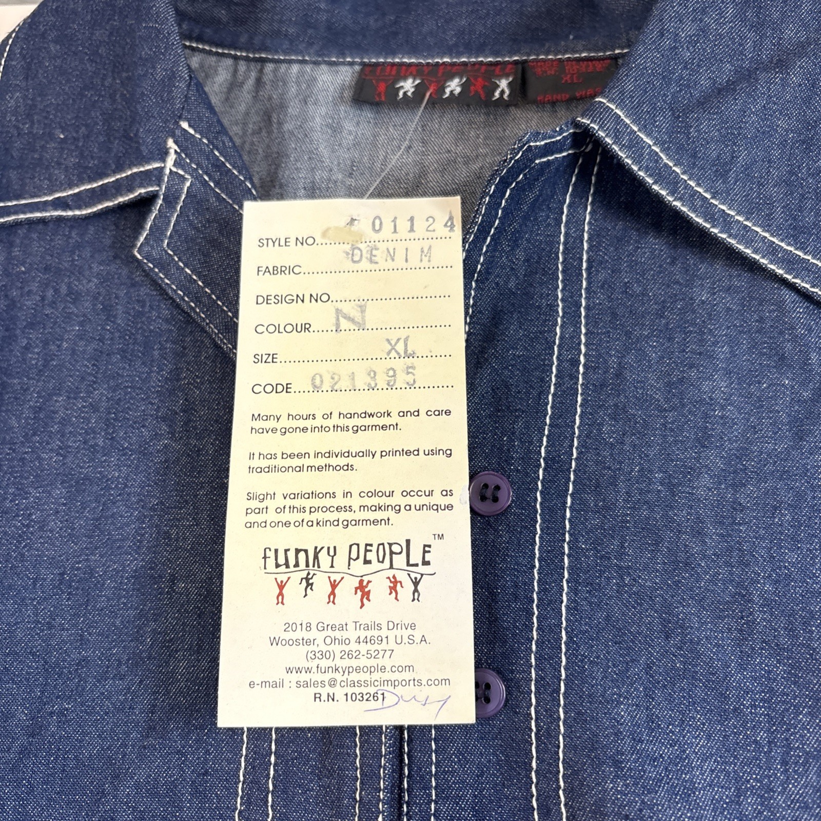 Funky People Top Womens Large Blue Denim L/S Rhinestones Pullover V Neck XL NWT