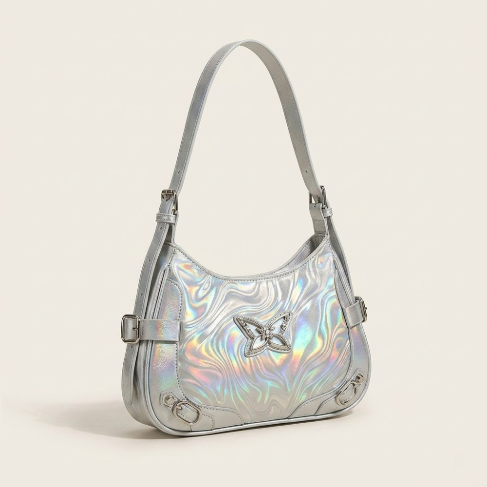 Silver Butterfly Shoulder Bag Y2K Retro Women’s Faux Leather Underarm Purse Zip
