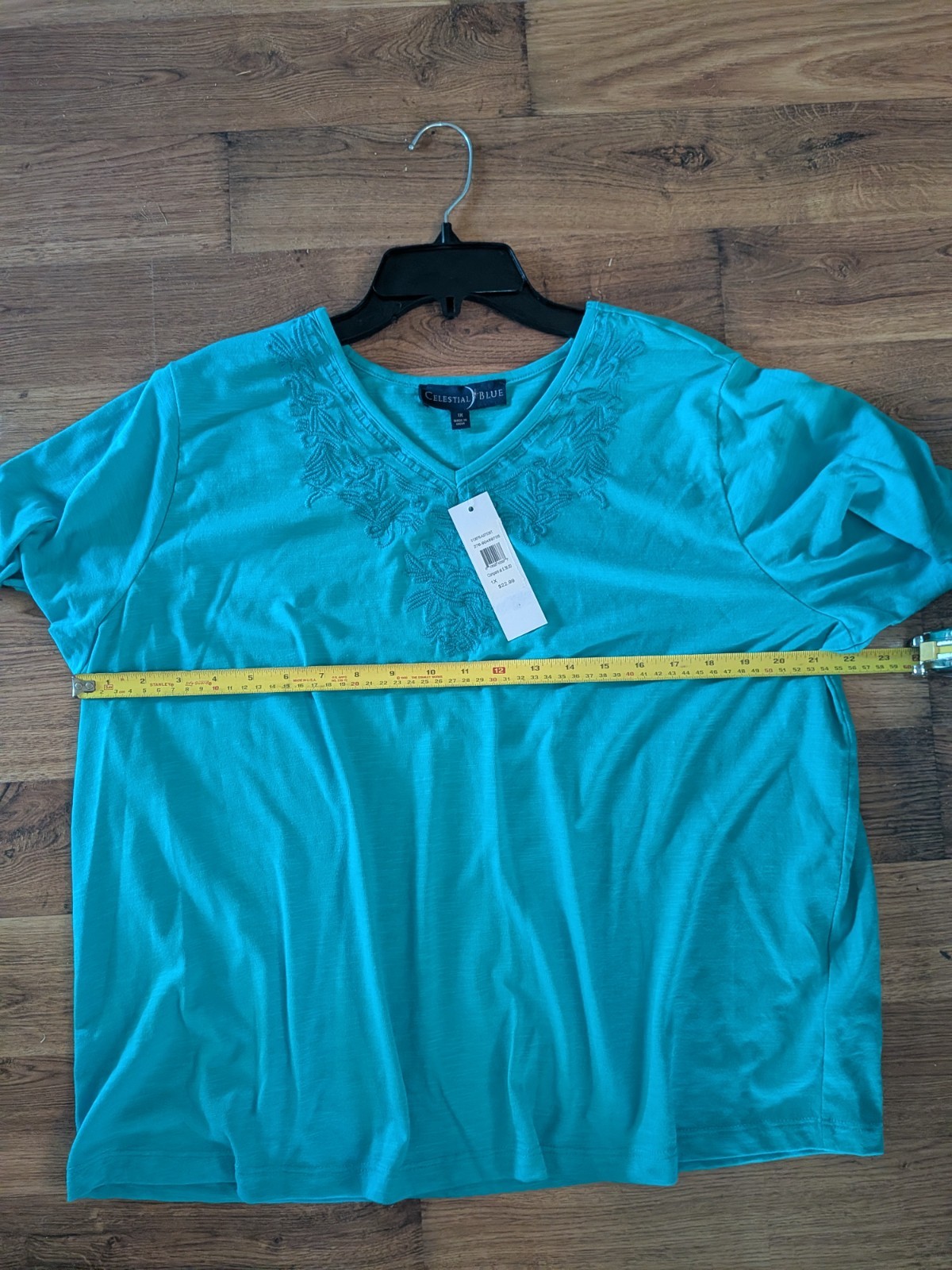 Celestial Blue 1X SS Emerald Blue Everyday Top Emb. Neckline Ladies New w/Tags