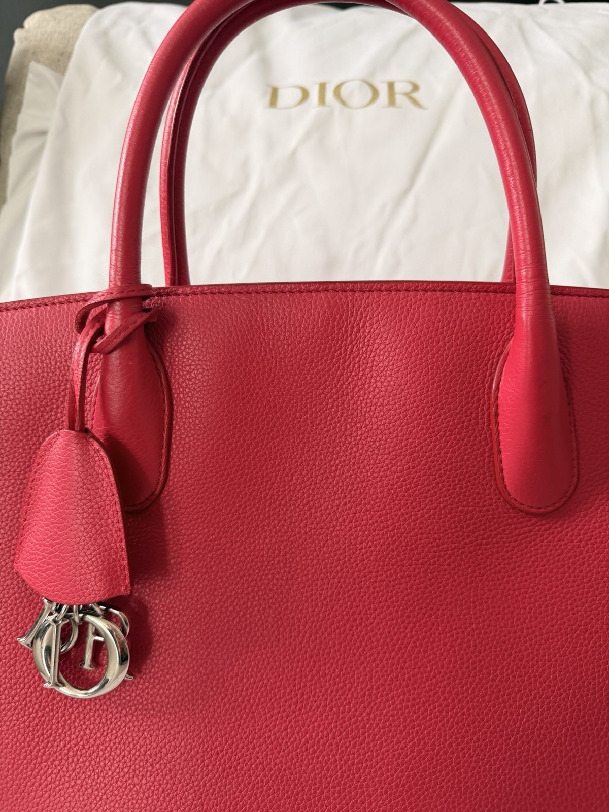 💕 Dior Large Bar Tote Bag – Pink – Logo Charm – Silver Hardware