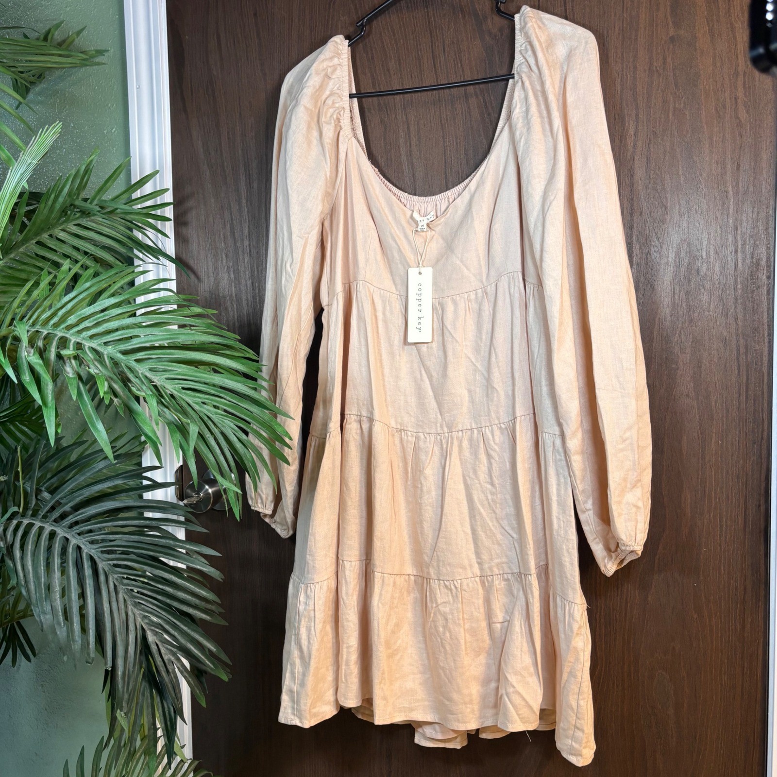 Copper Key NWT Tiered Mini Dress Medium Beige Puff Sleeve Cottagecore