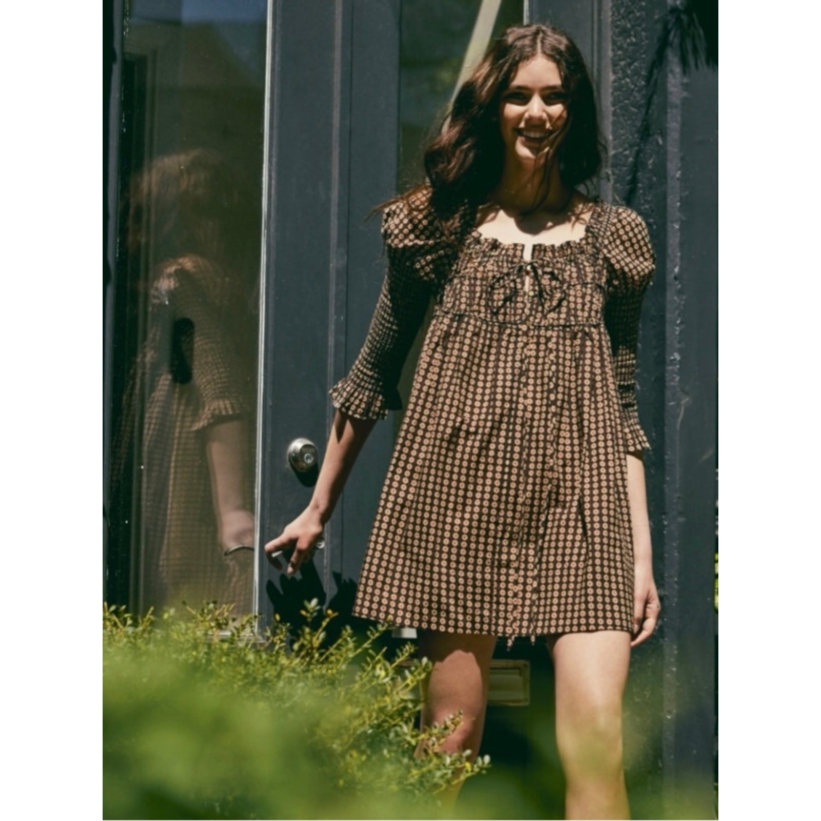 Free People Retro 70s Babydoll Star Dip Mini Dress in Black Combo Size Large