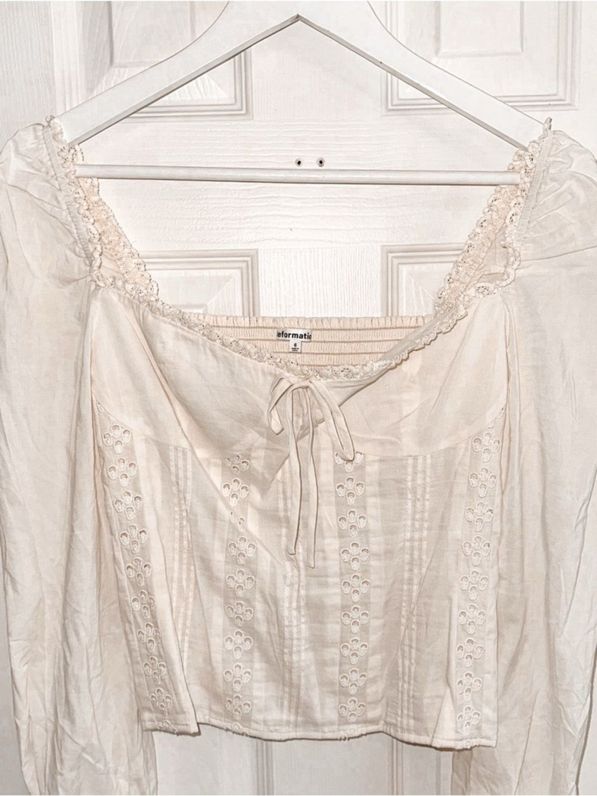 Reformation Isadora Top Cream Eyelet Tie-Front Peasant Blouse