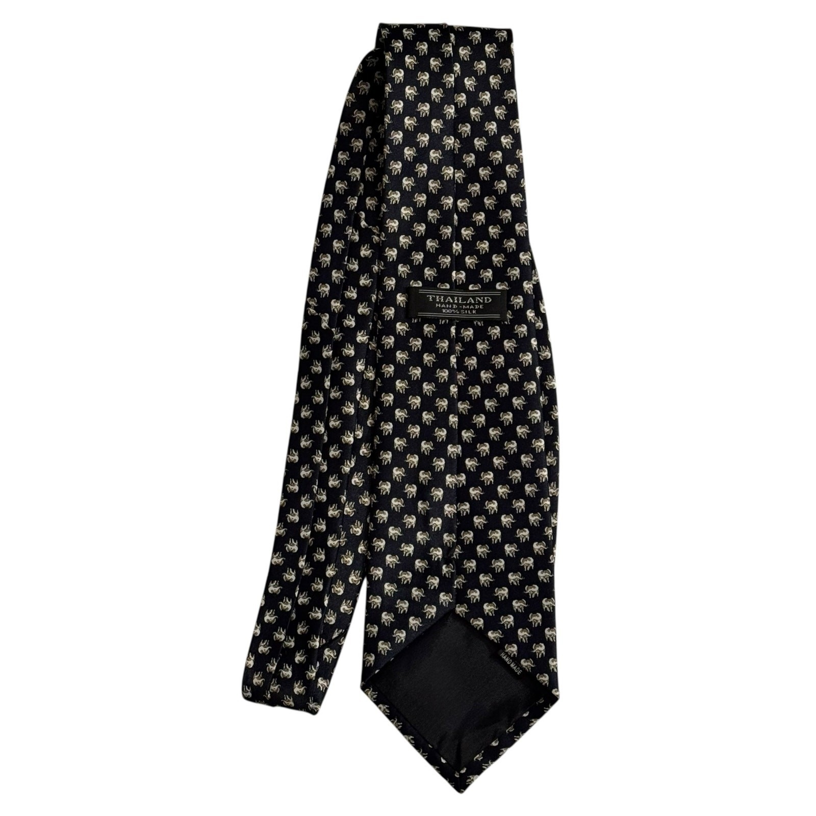 Thailand Men’s Deep Navy Hand-Made 100% Silk Tie Elephant Print Eclectic Preppy