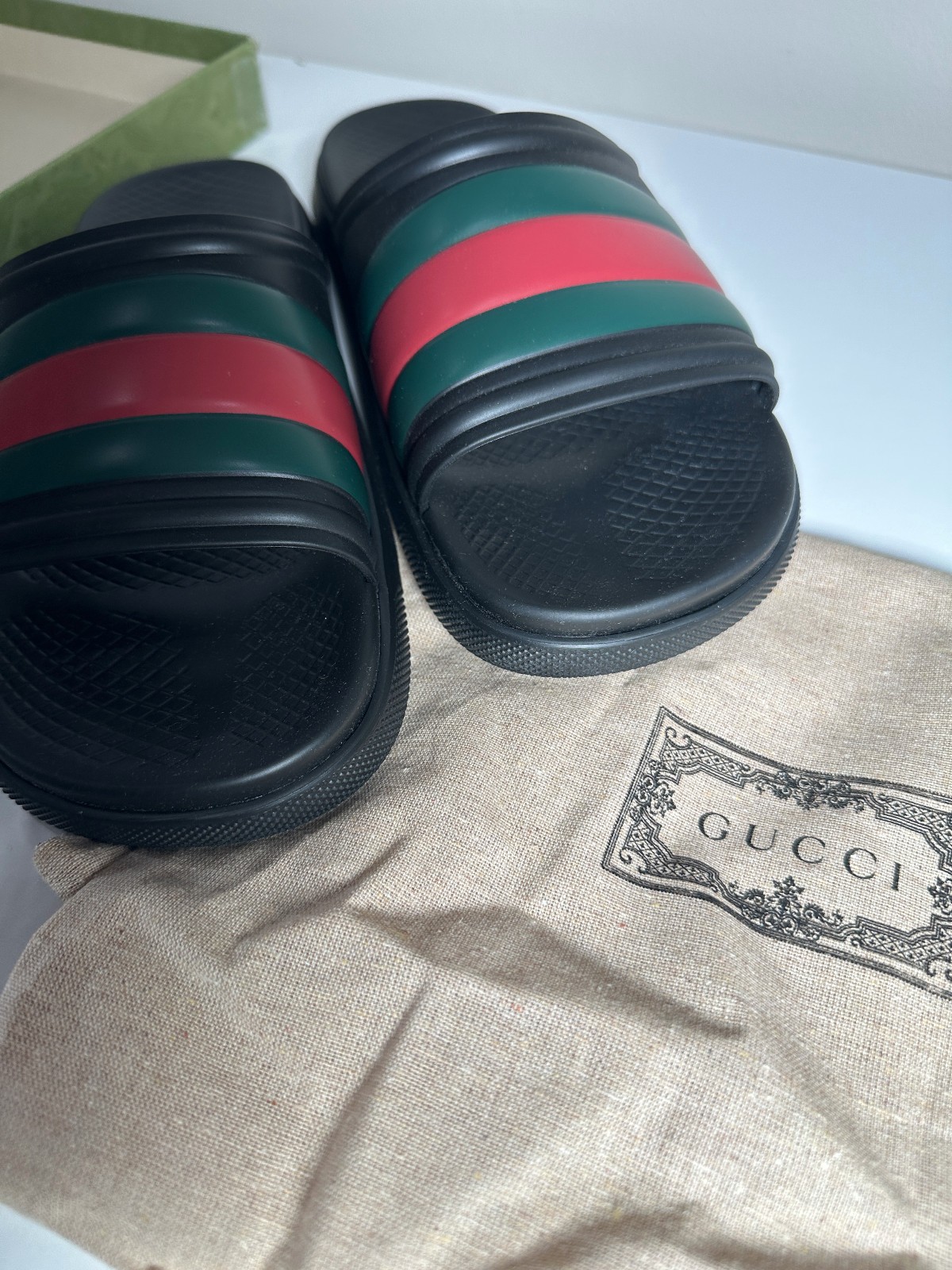 NIB Gucci Black Green Red Web Rubber Slides Sandals Authentic Size US8.5 UK8