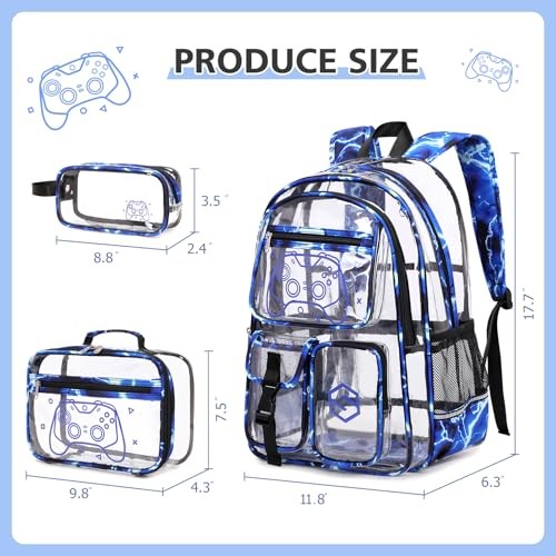 3PCS Cool Luminous Clear Backpack + Lunch Bag + Pencil Case Blue Lightning