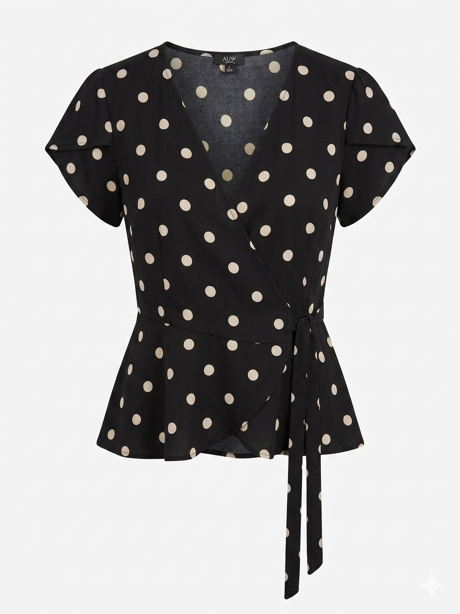 A.U.W. Black & White Polka Dot Peplum Wrap Top – Size L
