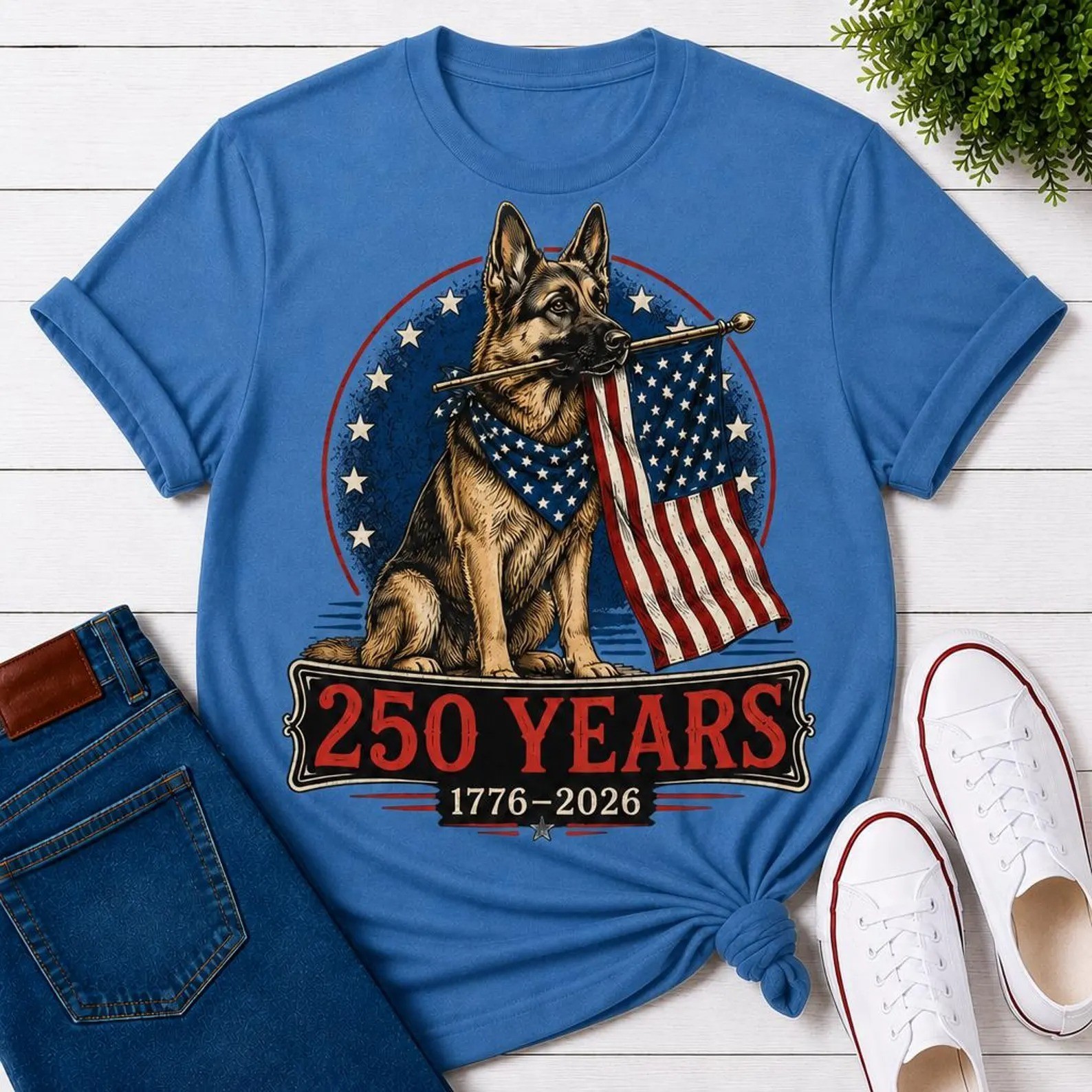German Shepherd Patriotic 250 Years 1776-2026 USA Flag Dog Lover T-Shirt