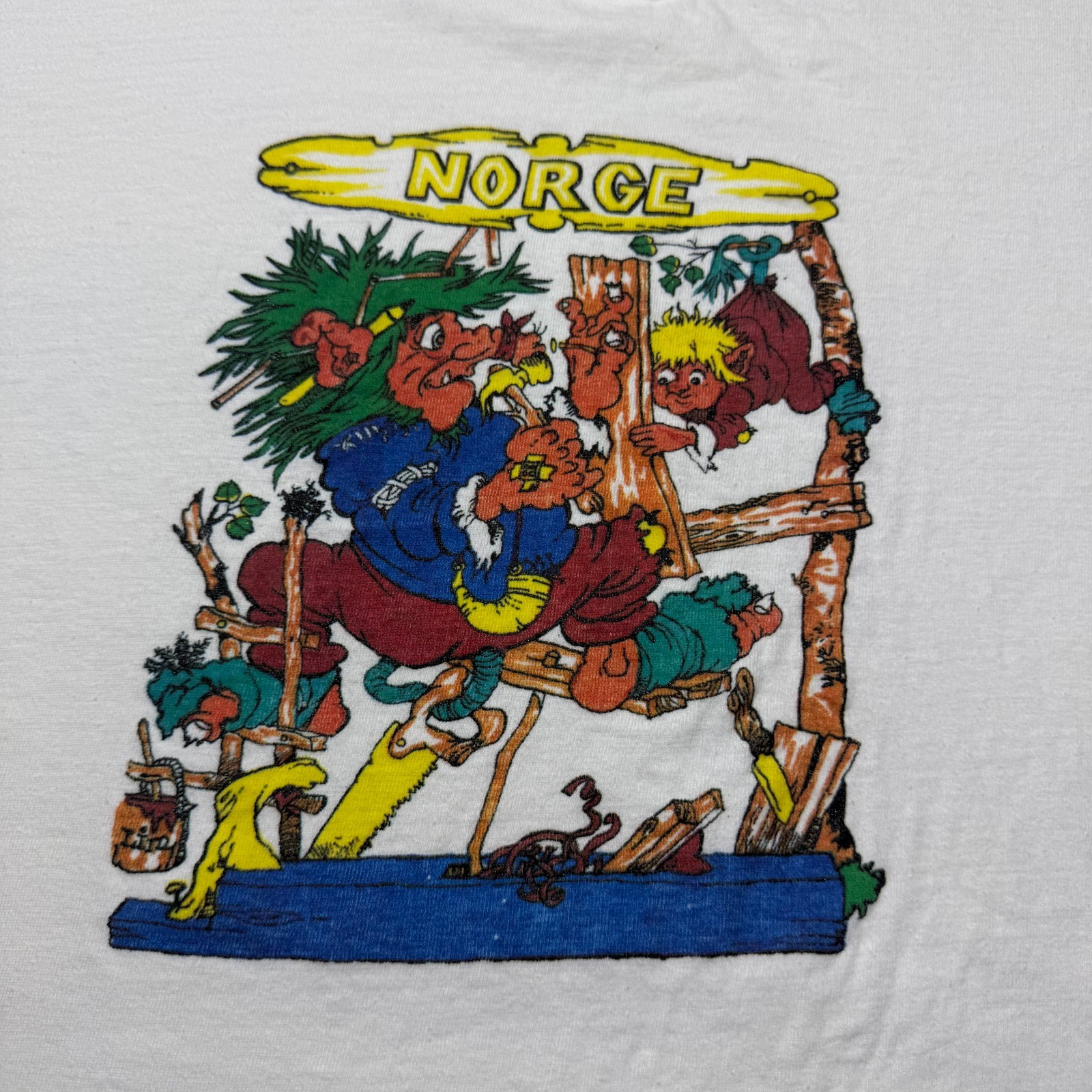 Vintage 90s Norge Troll Carpenter Cartoon Mythical Folklore Graphic T-Shirt – XL