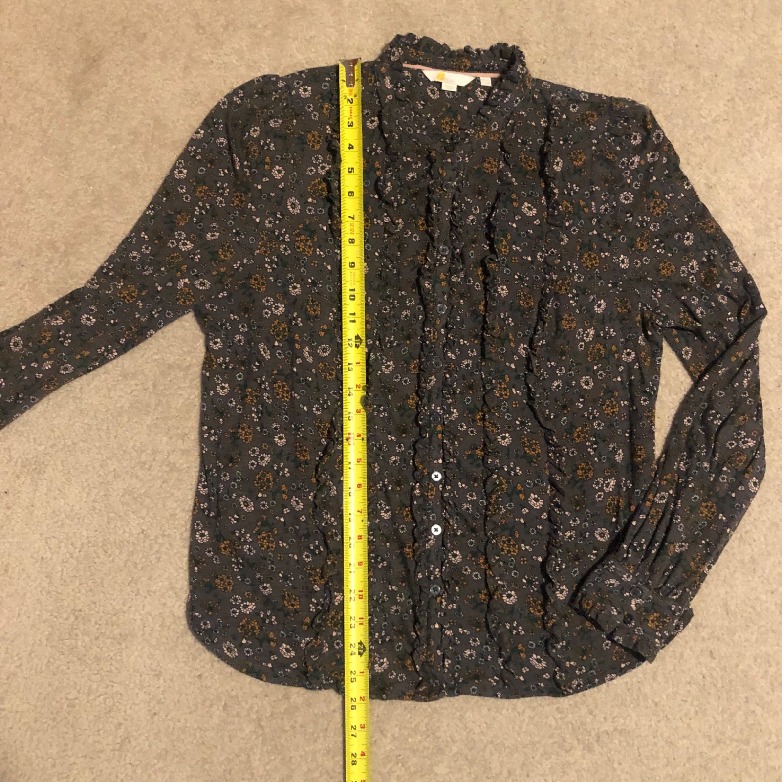 Boden Ditzy Floral Print Gray Ruffle Blouse Women’s Size 12 Boho Cottagecore