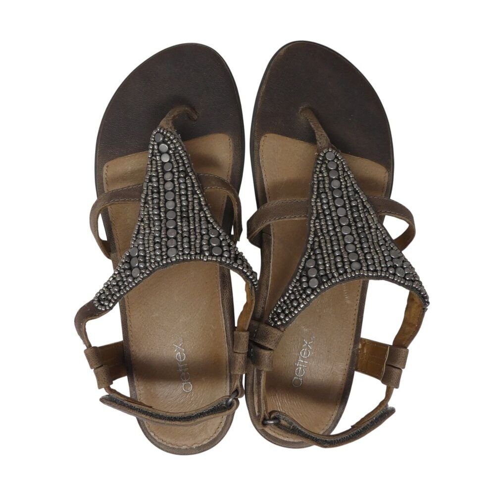 Aetrex Shiela Sandals Women 7 Black Leather Beaded T Strap Thong