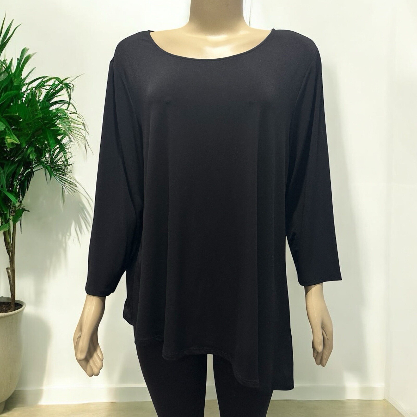 Chico’s Size 3 XL Black Asymmetrical Artsy Tunic Shirt Top Slinky Lagenlook
