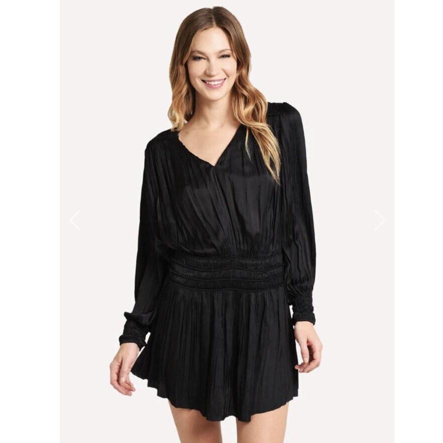 FRAME Black Pleated Long Sleeve V Neck Mini Dress Size Small