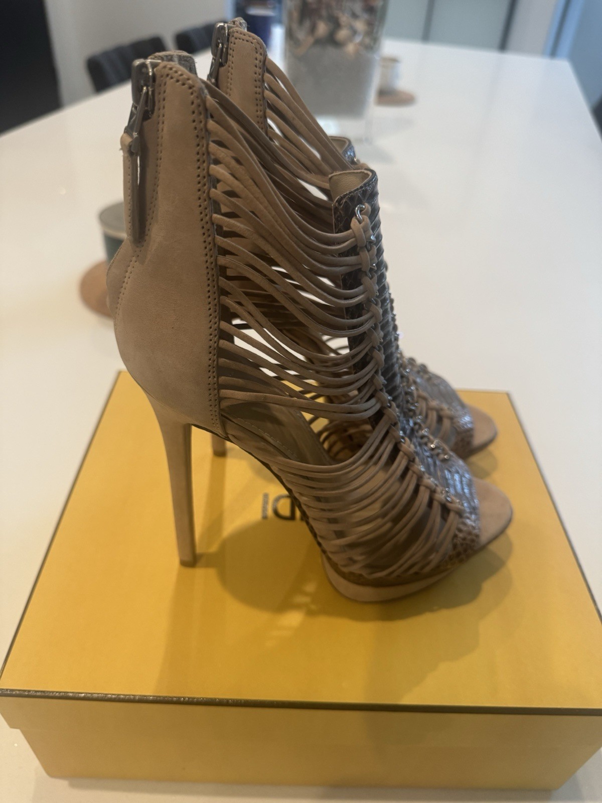Brian Atwood Beige Brown Leather Strappy Ankle Strap Open Toe Stiletto Zip 7