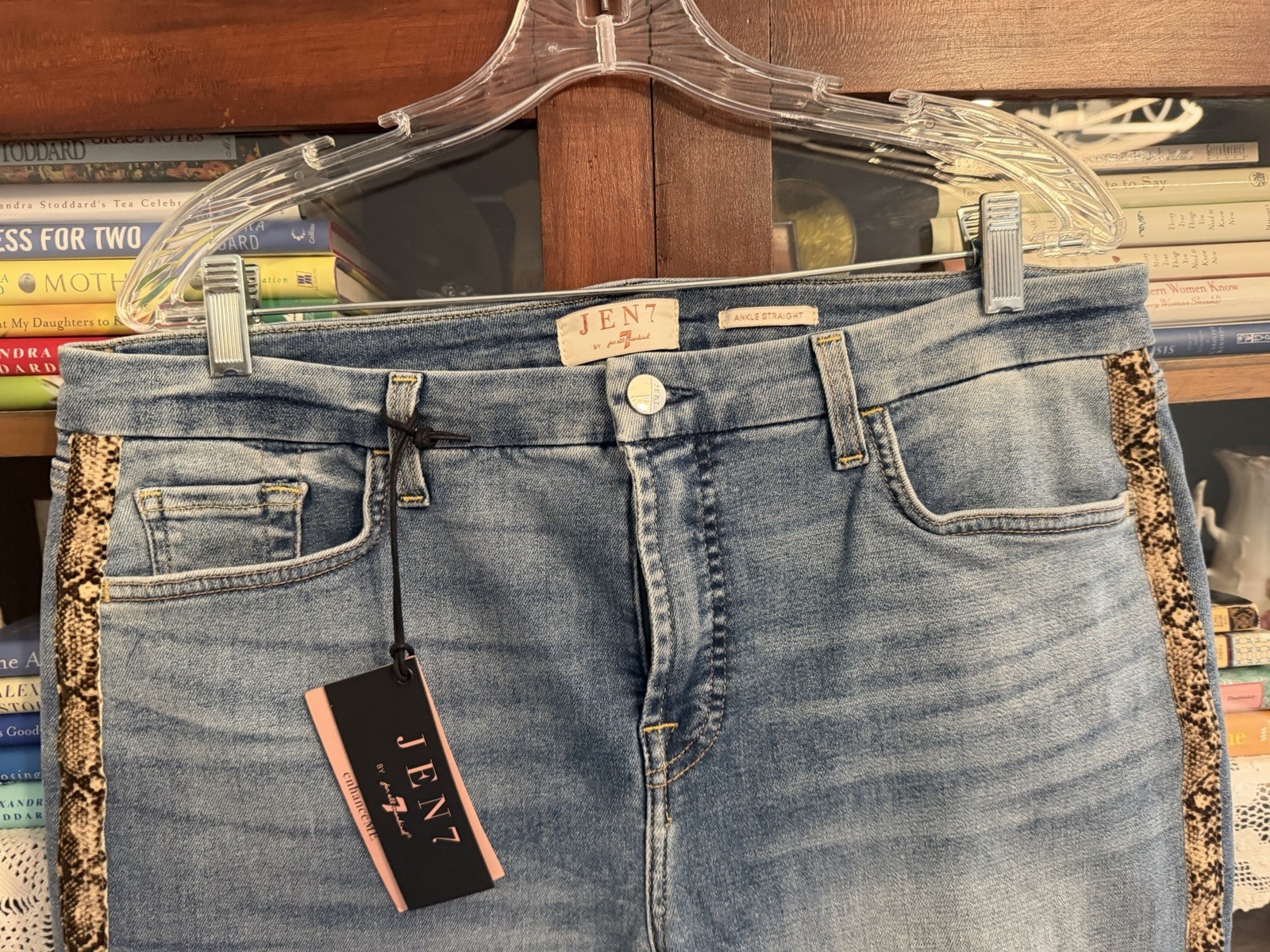 Jen 7 by 7 For All Mankind Ankle Straight Jeans w Reptile Print Trim Sz 14 NWT