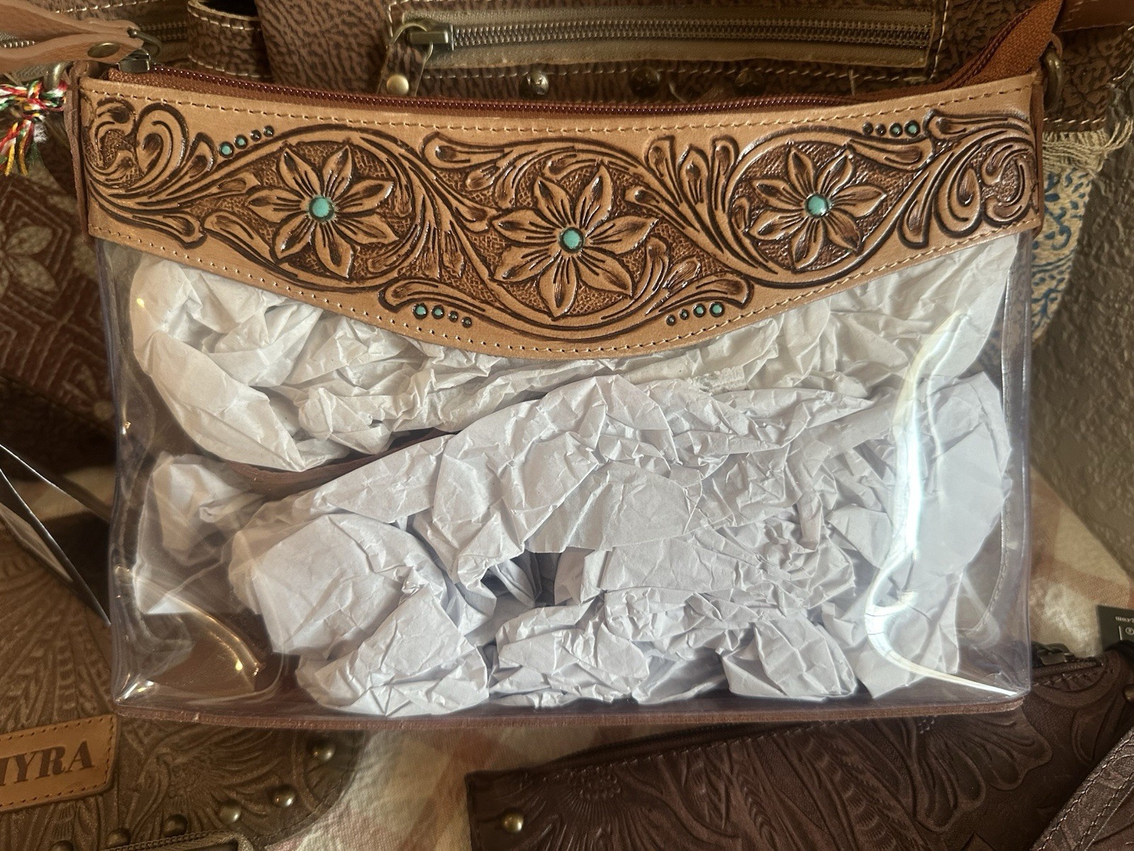 Myra Women’s Clear Brown Floral Embossed Studded Western Crossbody Zip Bag