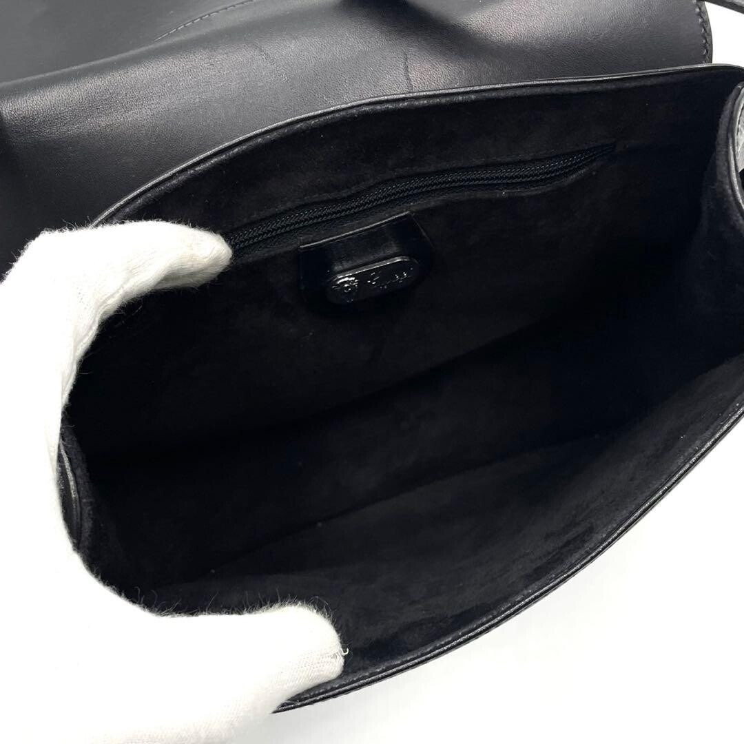 Gucci Vintage Interlocking GG Saddle Shoulder Bag Black Leather Suede Auth
