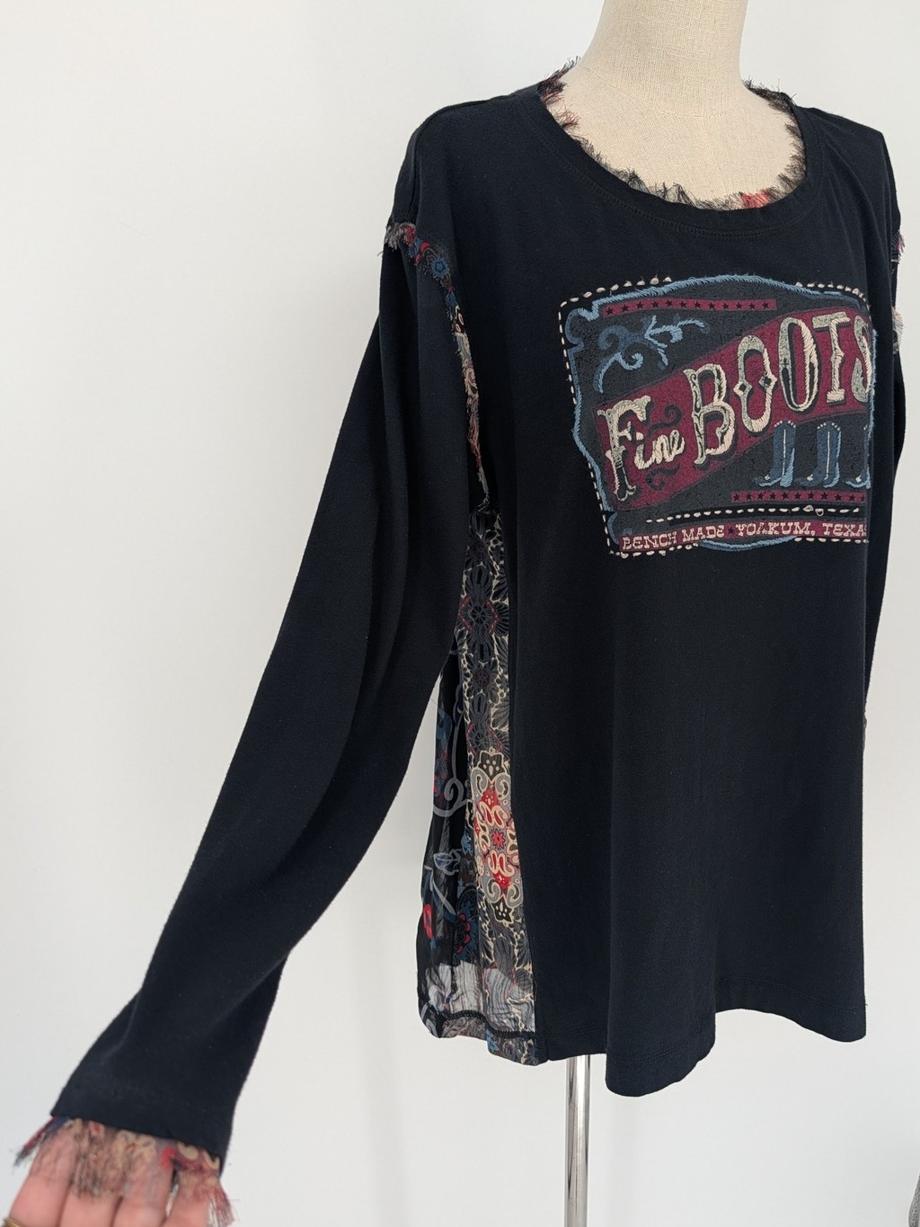 Double D Ranch Fine Boots Tunic L Embroidered Western Sheer Panel Black Top