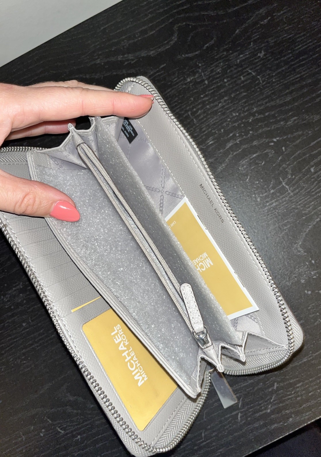 Michael Kors Taupe Gray Zip Around Wristlet Continental Wallet Gunmetal Zipper
