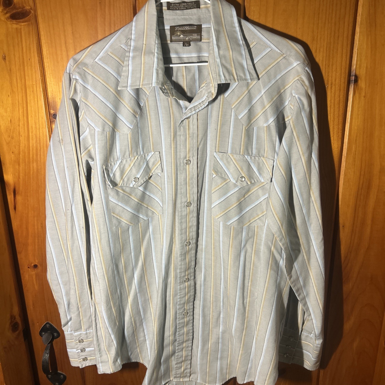 Plainsman Long Tail Pearl Snap Vintage Shirt 2 Pocket Striped Sz L Western EUC