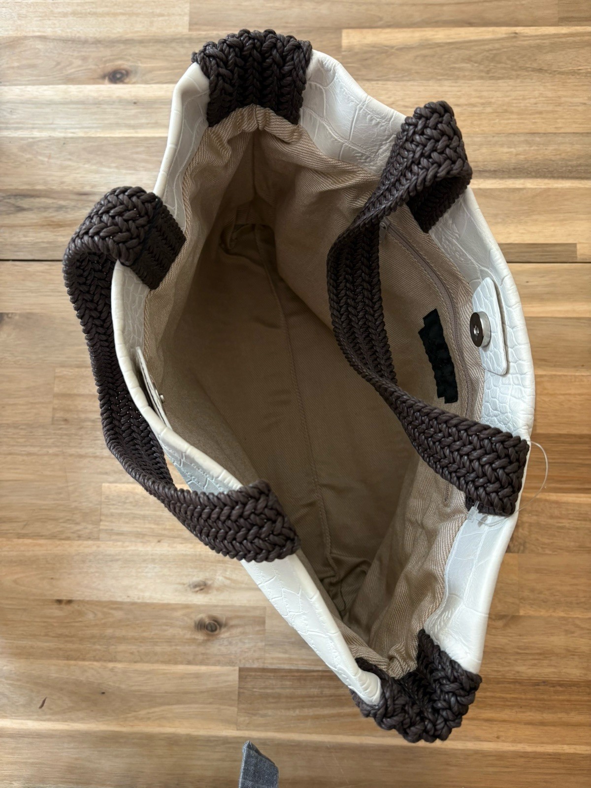 Falor Le Borse White Embossed Leather Woven Brown Jute Trim Tote Bag NWT