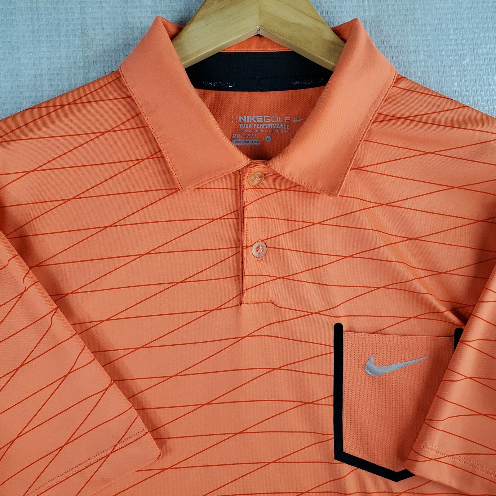 NIKE GOLF Size Medium Orange Pocketed Grid Tour Performance Mens Polo Shirt