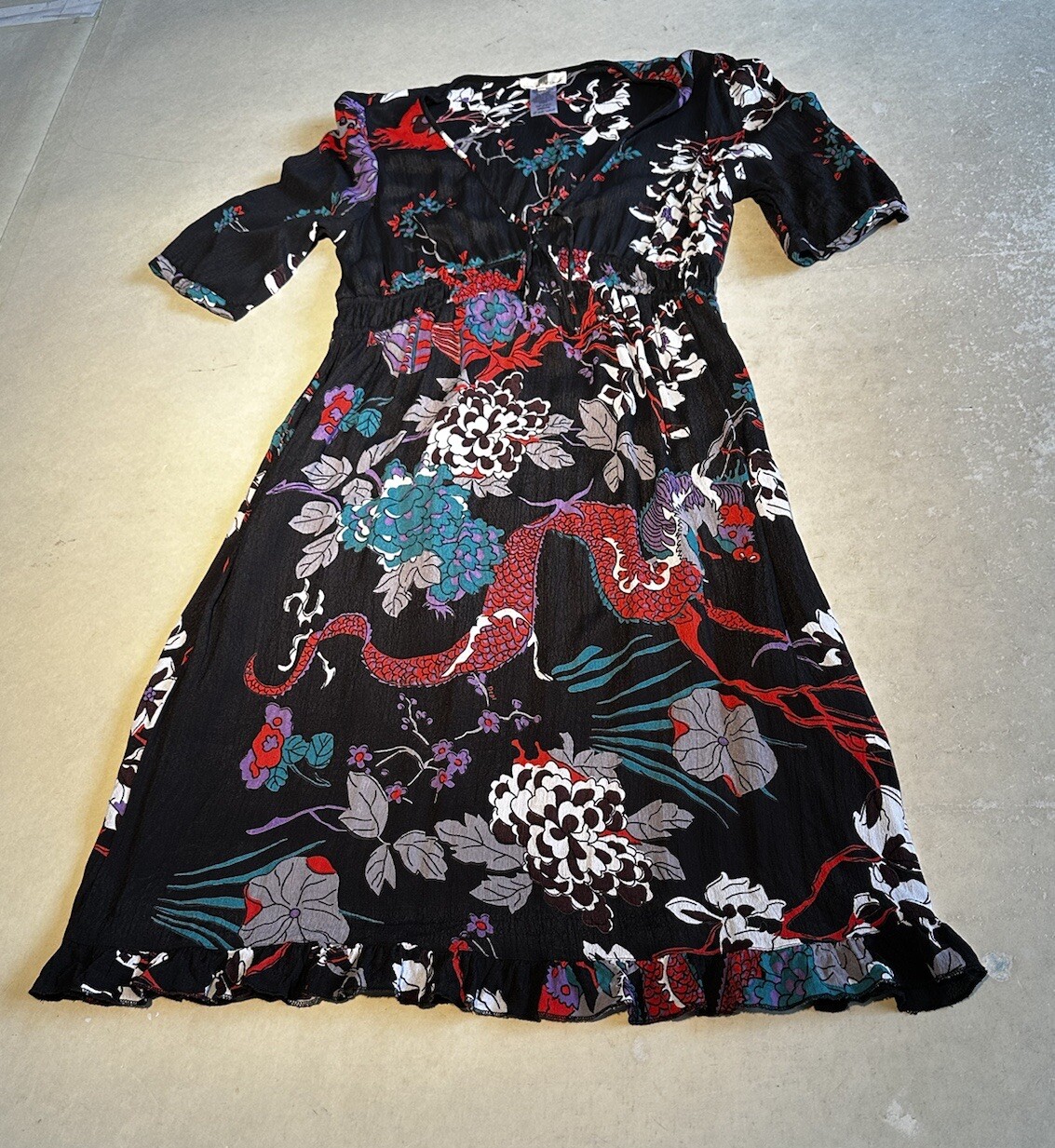 DEPT WOMENS DRAGON PRINT S SLEEVE Knee L DRESS SZ XS Pre-owned