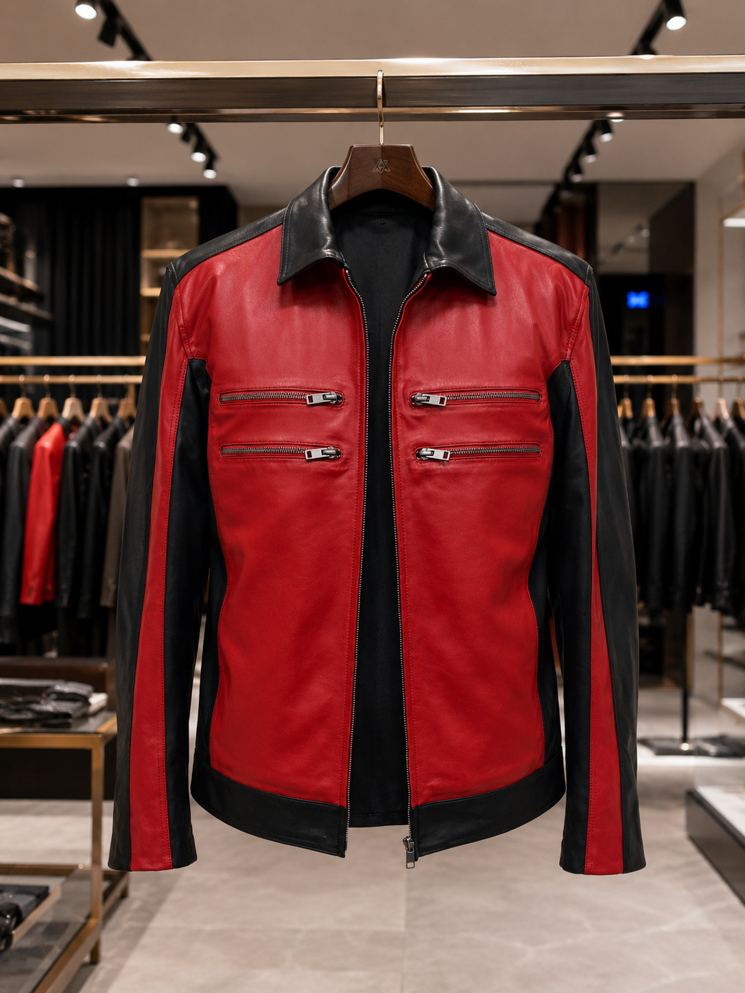 Men’s Red & Black Leather Biker Jacket – Retro Moto Racing Style Coat