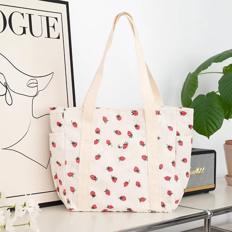 CUTE STRAWBERRY CORDUROY LARGE SHOULDER TOTE BAG WITH ZIPPER FRONT BUTTON POCKET