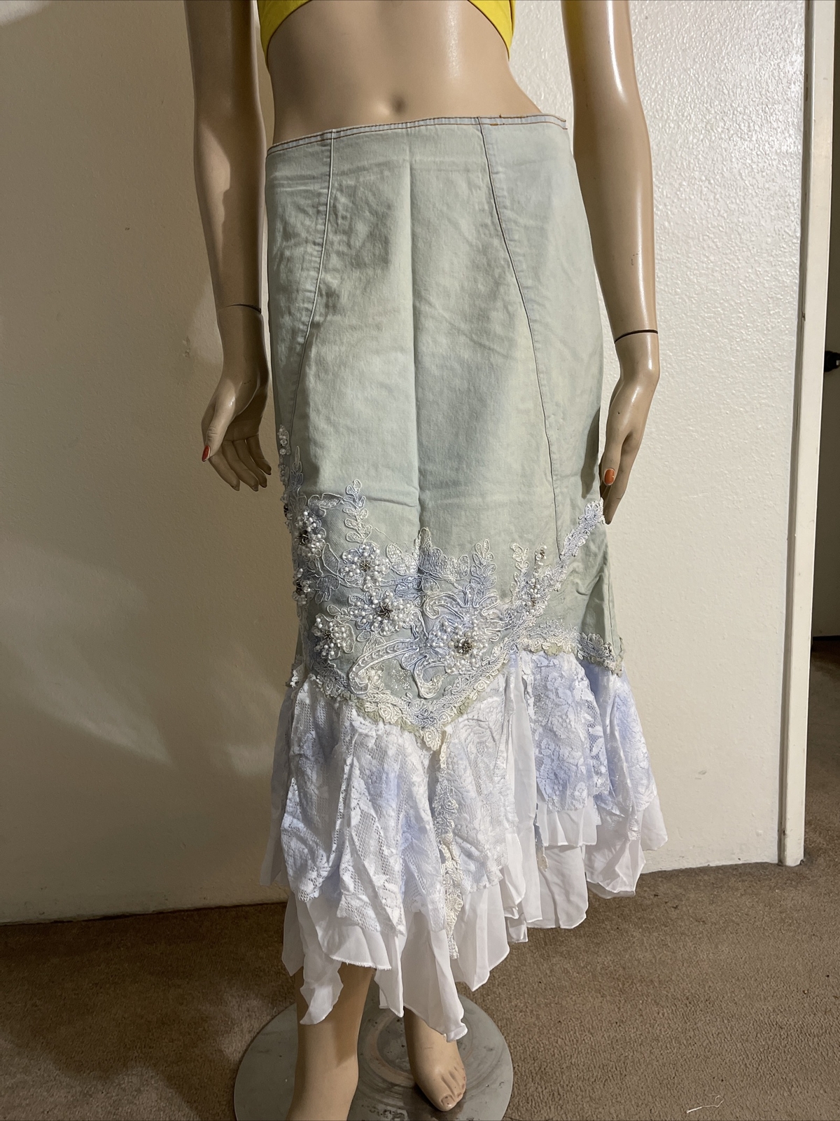 Light Blue White Denim Hippie Boho Beaded Embroidery Lace Size S(4-6) Skirt 710