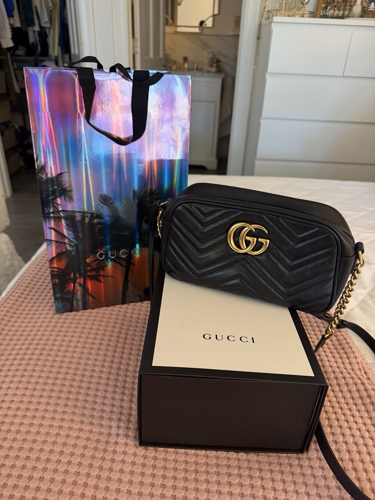 Gucci GG Marmont Black Chevron Quilted Crossbody Chain Strap Zip Gold Hardware