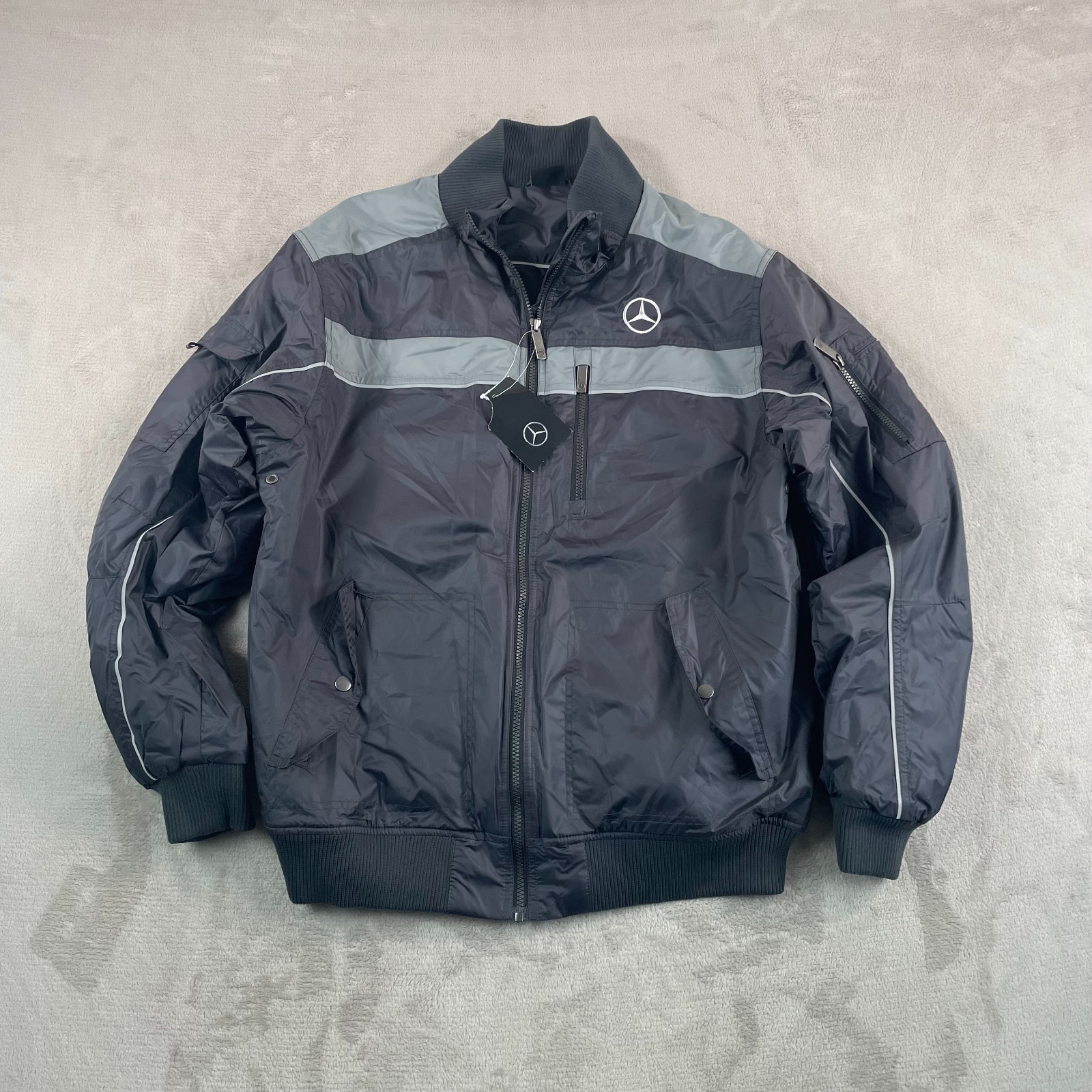 Mercedes Benz Drivers Bomber Jacket Men XL Dark Grey Full Zip Logo NWT $395
