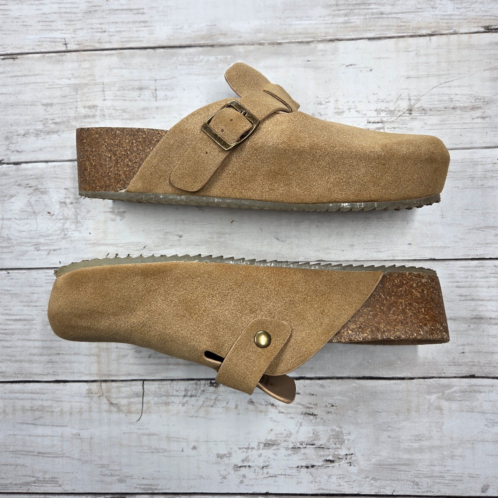 MIA Qwest Platform Clog Mule Womens 7.5M Tan Faux Suede Cork Wedge Buckle Strap