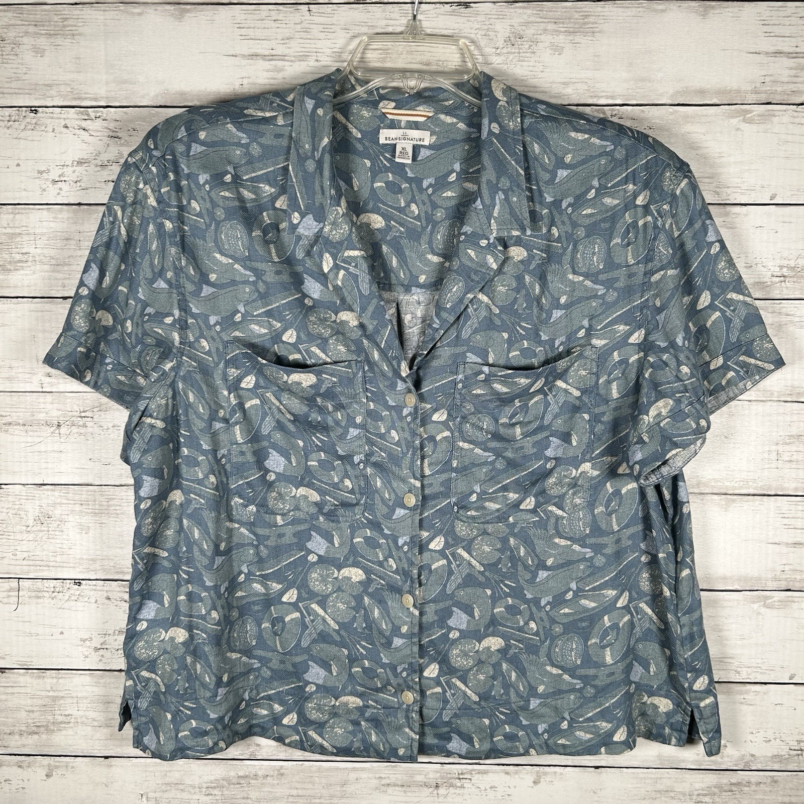 LL Bean Signature Hemp Linen Camp Shirt Fishing Seashore Blue Teal Womens XL